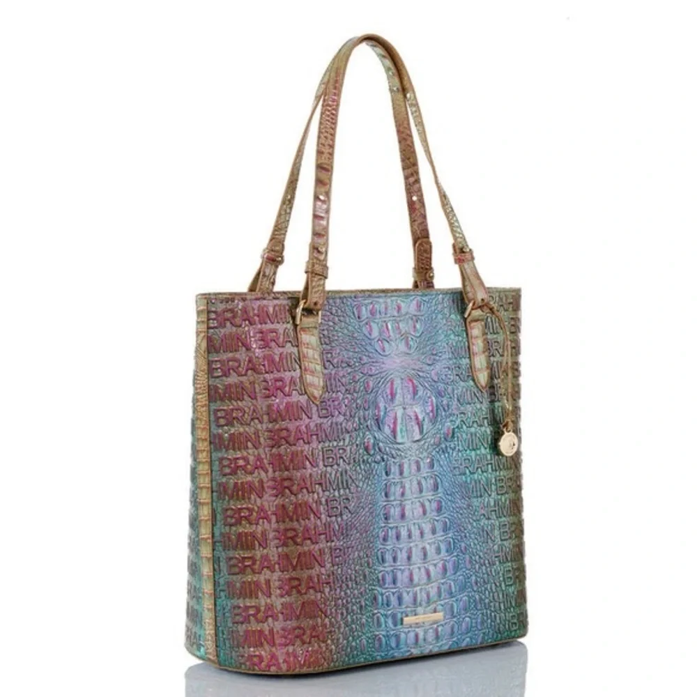 NWT BRAHMIN EZRA MELBOURNE CROC-EMBOSSED LOGO PRINT‎ LEATHER TOTE
